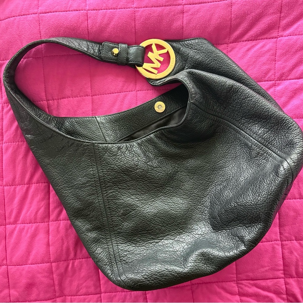 Michael Kors Black Pebbled Leather Hobo with Gold MK Charm